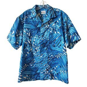 Vintage Evelyn Margolis Hawaii Blue Palm Leaf Print Short Sleeve Button Up Shirt